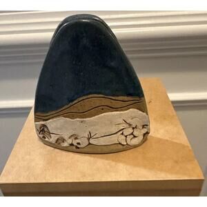 Pottery Blue Ceramic Vase - Southwest Landscape 5” Signed “Young” Beautiful Work